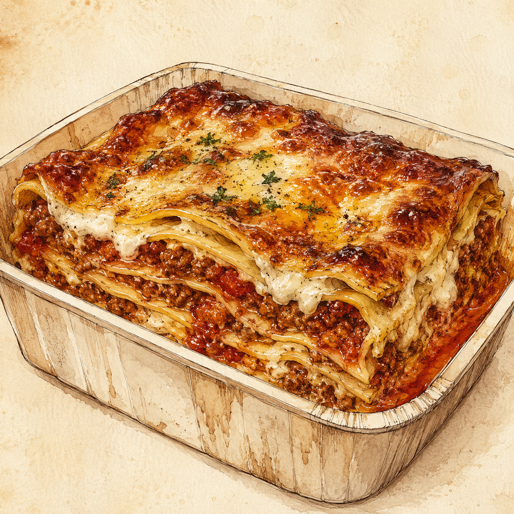 Une généreuse lasagne maison préparée avec une sauce bolognaise mijotée, une béchamel onctueuse et du fromage délicatement gratiné. Une recette familiale, gourmande et réconfortante.